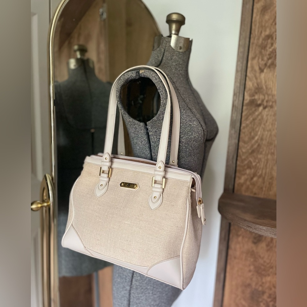 Vintage Etienne Aigner Bone leather and woven jute double handled satchel